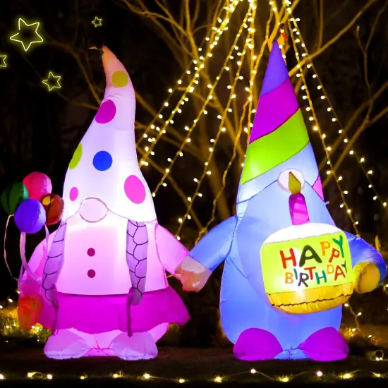 [New] 5FT Birthday Inflatable Gnomes Cake Outdoor Decoration,Build-in LED Lights, for Happy Birthday Party Outdoor,Indoor,Garden Yard Lawn Decor {2}