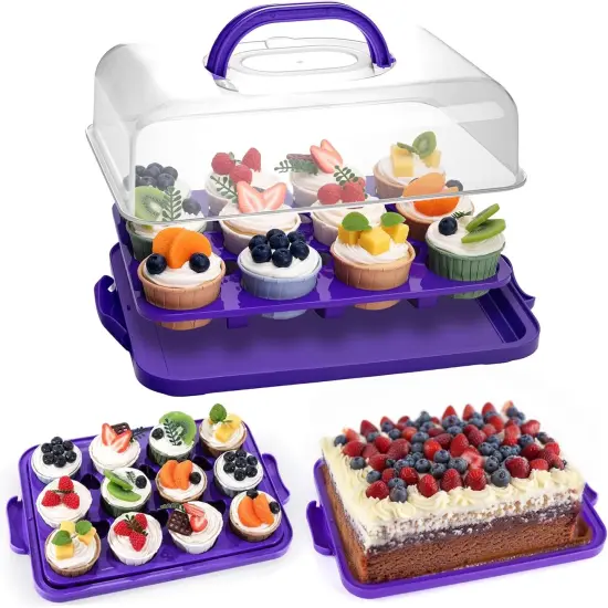 Cupcake and Cake Container with Lid, 12 Capacity Cup Cake Portable Carrier Dessert Holder with Handle for Family Picnics and Party Events, 2-in-1 Design, Purple {1}