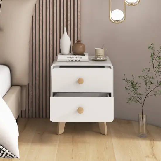 MDF and Rubber Wood Nightstand with 2 Drawers and Mid-Century Modern Design White {2}