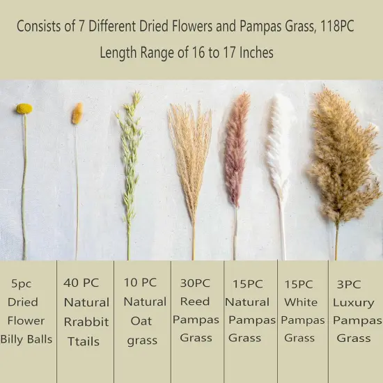 118PCS Natural Dried Flowers, Dried Pampas Grass, Home Vase Decoration, Bohemian Wedding Decorative Flower Bouquet Reed Bouquet {2}