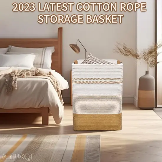 Laundry Hamper - 85L Large Laundry Basket with Leather Handles, Decorative Storage Basket for Blankets - Cotton Rope Woven Baskets for Storage, Clothes Hamper for Living Room, Jute & White {4}