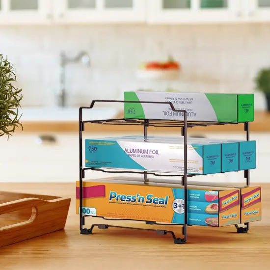 Upgraded Kitchen Wrap Organizer Rack - Non-Slip, Stackable Foil & Plastic Wrap Storage for Cabinets/Countertops - Space-Saving Design (7.7"L x 9.5"W x 9.4"H) Brown {4}