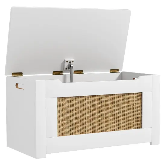 White-Natural MDF Rattan Toy Box with Flip Lid, Storage, and Bench Seat {1}