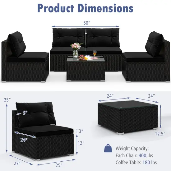 5-Piece Outdoor Patio Furniture Set with Cushions and Coffee Table and Rustproof Steel Frame Black {5}