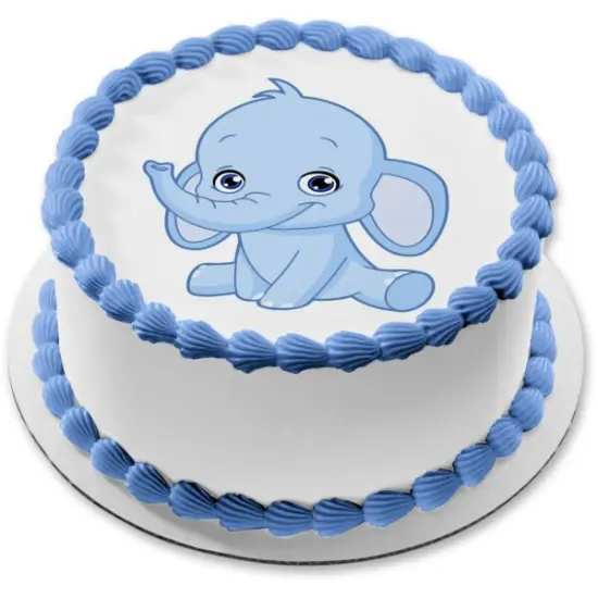 Blue Baby Elephant Edible Cake Topper Image 7.5 Round {1}
