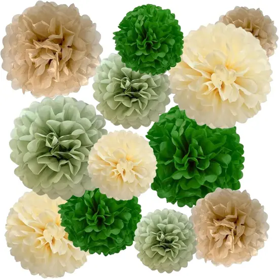 Green Cream Paper Pom, White Green Party Decoration, Sage White Tissue Paper Pom Decorations for Engagement, Bachelorette, Bridal Shower, Birthday, Anniversary - 12PCS {1}