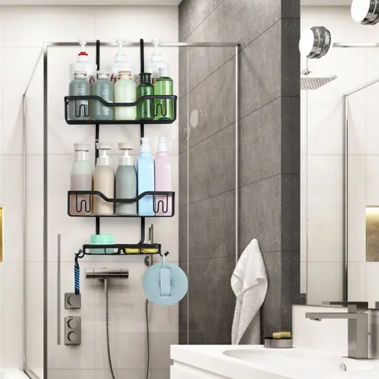 3-Tier Rustproof Shower Caddy with 4 Hooks &ndash; No Drill Hanging Bathroom Organizer, 40 lb Capacity, Adhesive Suction Cups for Shampoo, Soap, Towels {4}