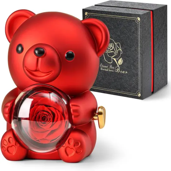 Cute Teddy Bear with Preserved Rose - A Real Rose Flower in Bear with Elegant Gift Box - Romantic Gift for Her in Mother's Day, Weddings, Anniversaries, and Bridal Showers {1}