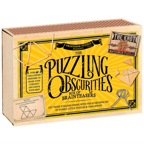 Professor Puzzle: The Puzzling Obscurities Box of Brainteasers - 10 Pocket-Sized Matchboxes w/ 60 Challenges, Wood-Metal Pcs, Problem Solving, Ages 8+ {1}