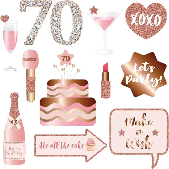 70th Birthday Party Photo Booth Props and Signs, Rose Gold 70 Birthday Party Selfie Props Kit with Sticks for Women {2}
