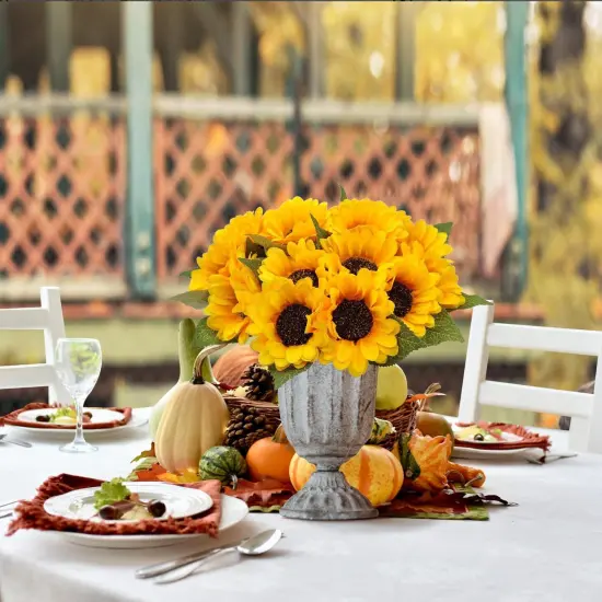 20 Pcs Bright Yellow Summer Sunflowers with Stems &ndash; Artificial Silk Blooms for DIY Home & Garden Projects Floral Arrangements {3}