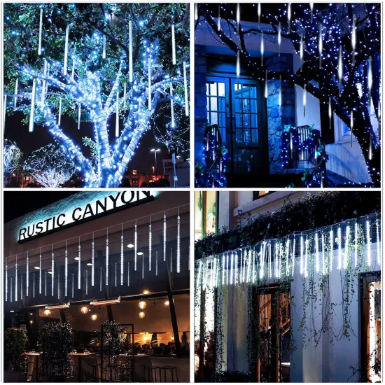 Aluan Christmas Lights Outdoor Meteor Shower Lights White 16 Inch 10 Tubes 360 LED Falling Rain Lights Waterproof Snowfall Dripping Icicle Lights for Xmas Tree Holiday Decoration Yard Porch Patio {4}