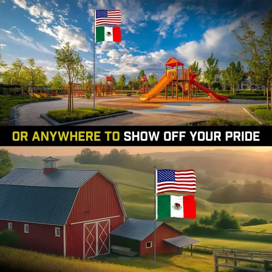 G128 Combo Pack: 20 Ft Telescoping Aluminum Flagpole (Black) & American and Mexico Flags 3x5 Ft, Both ToughWeave Series Embroidered Polyester | Pole with Flags Included {6}