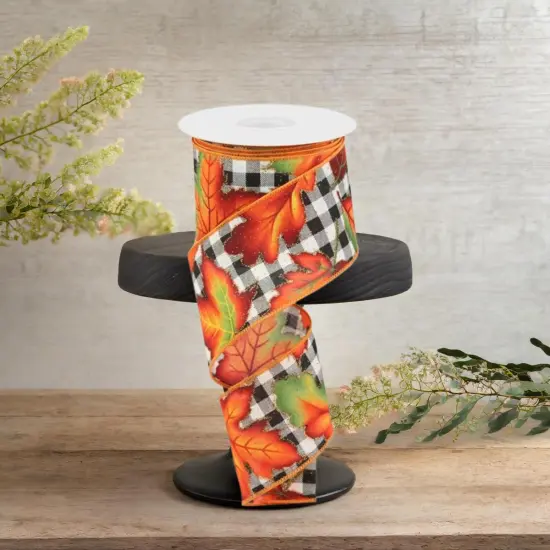 2.5" Autumn Leaves Check Ribbon: White/Black (10 Yards) {4}