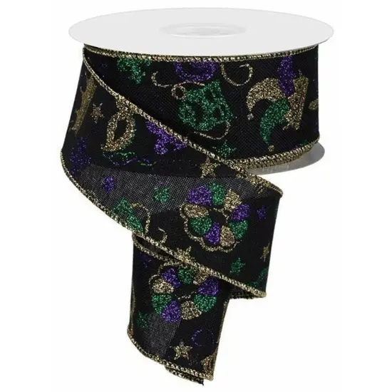 1.5" Mardi Gras Pattern Ribbon: Black (10 Yards) {1}