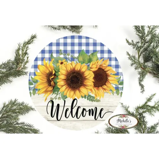 Sunflower Welcome Blue Plaid Round Sign {1}