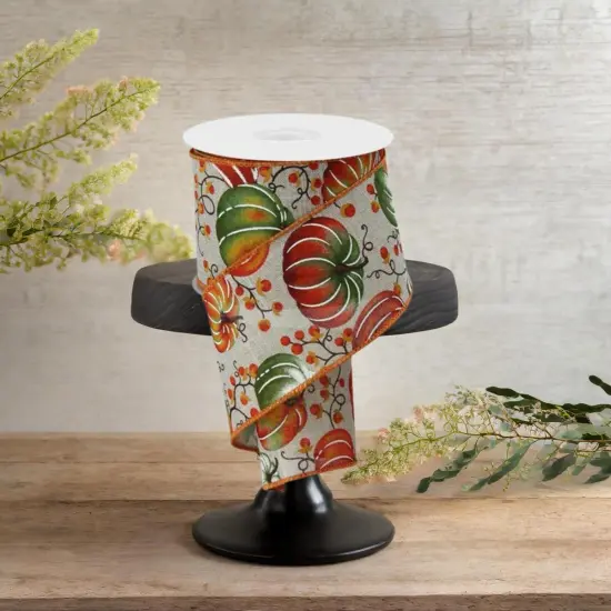 2.5" Pumpkins Bittersweet Ribbon: Light Natural/Rust (10 Yards) {3}