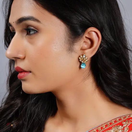 Indian Kundan Small Earrings for Women - Indian Traditional Small Jhumka Chandbali Kundan Stud Earrings in Gold & White Tone Bollywood Style Small Dangle Earrings for Women Bridal Jewellery Aqua {7}
