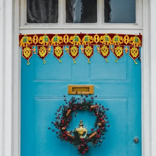 Indian Fabric Door Toran 36 Inch Bhandarwal Hanging Valance Elephant Velvet Traditional Wall Decorative for Window Home Temple Decor Wedding Diwali Navratri Puja Housewarming Decorations {3}