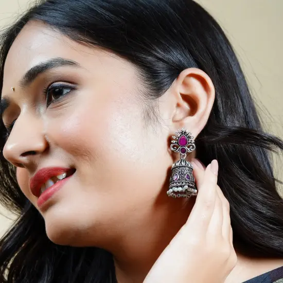 Indian Oxidized Jhumka Earrings for Women - Vintage Indian Jhumki Ethnic Chandbali Earrings Faux Pearls with Oxidized Platting Bollywood Style Dangle Earring Jewelry for Bride Gift for Her RUBY {2}