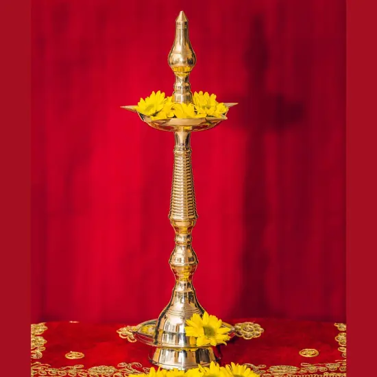 2 CT Brass Oil Lamp DiyaSamai Deepak Lamp Kerala Traditional Kutthu Vilakku Panchmahal Deepam for Home Temple Mandir Office Diwali Decoration - Deepawali Return Gift {2}