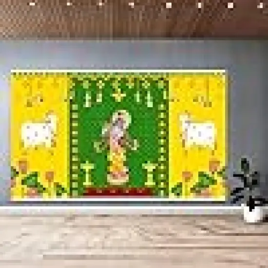 Krishna with Cow Backdrop Indian Traditional Cloth 5x8 Feet Backdrop Pooja Wall Decor Indian Wall Art Photo Decor Banner Indian Janmashtami Decor Decorative Pooja Cloth {6}