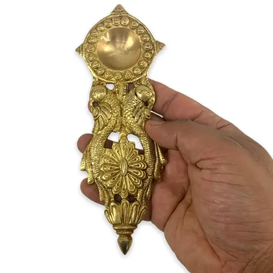 Brass Finish Pooja Aarti Spoon 1 Pc Diya Twin Parrot Design Round Hawan Spoon for Pouring Ghee in Hawan Kund Diwali Gift Ethnic Indian Aarti Spoon Wedding Return Gifts Home Temple Decor {5}