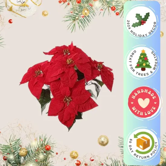 20" Red Velvet Poinsettia Bush - Set of 4 - Realistic Artificial Flowers for Christmas Decorations, Floral Arrangements, and Holiday Crafts {2}