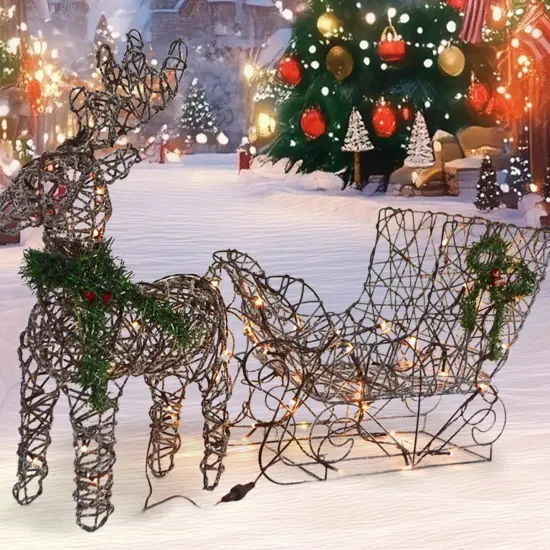 Christmas Reindeer and Sleigh LED Display Brown with Sparkling Warm White Lights 19.69 x 7.28 x 16.14 inch {5}