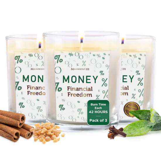 Magnificent 101 Set of 3 Long-Lasting Money Financial Freedom Smudge Candles | 3.5 Oz Each - 42 Hour Burn | Made of Soy Wax, Sage Herbs for House Energy Cleansing & Manifestation Multicolor {1}