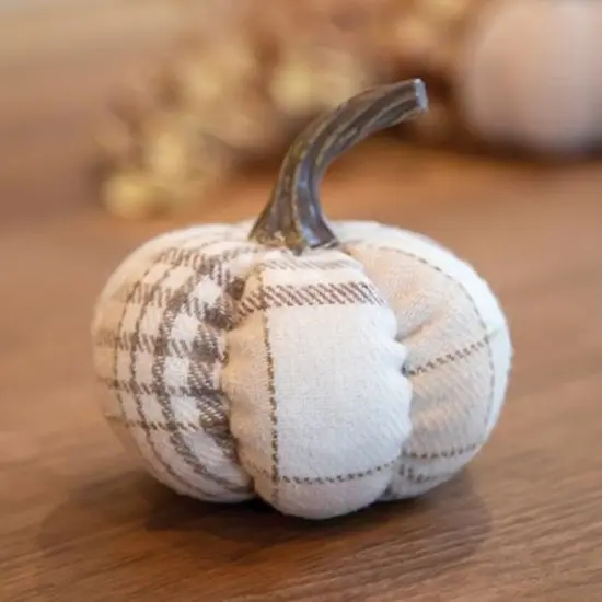 Neutral Plaid Fabric Pumpkin with Ribbed Plastic Stem for Fall Table Decor {5}