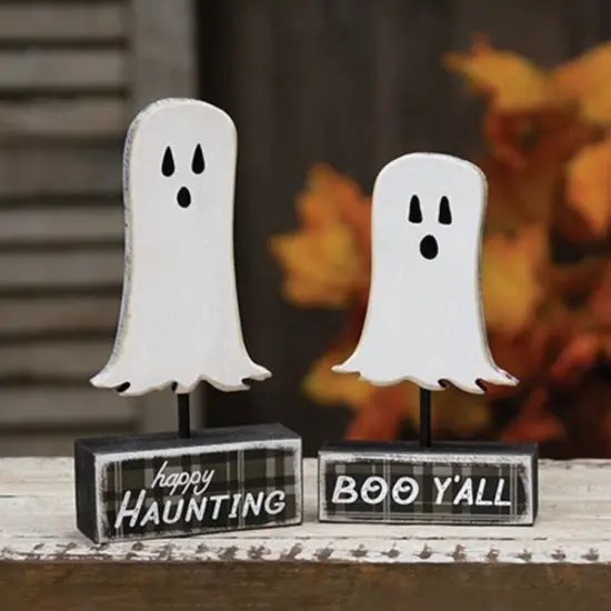 2/Set Rustic Ghost Halloween Shelf Sitters Distressed Wood Block Decorations {2}