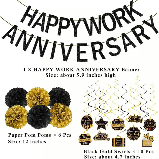 Happy Work Anniversary Decorations Black Gold, Happy Anniversary Banner {2}