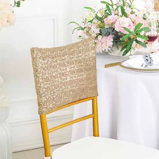 1 Piece Champagne Gold Sequin Spandex Chair Cap 13.5 inch by 10 inch Wedding Cover {2}