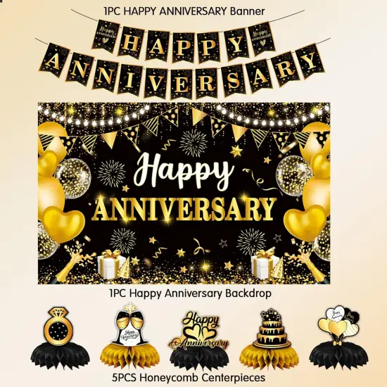 Black and Gold Anniversary Decorations - Banner, Backdrop, Honeycomb Centerpiece {3}