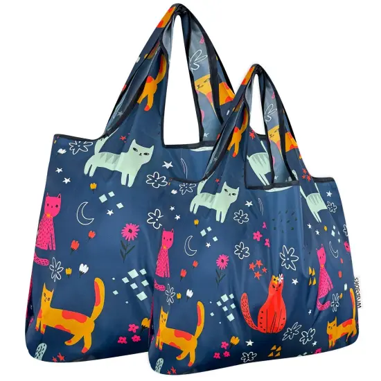 Wrapables Large & Small Foldable Tote Nylon Reusable Grocery Bags, Set of 2, Cute Kitties on Blue {1}