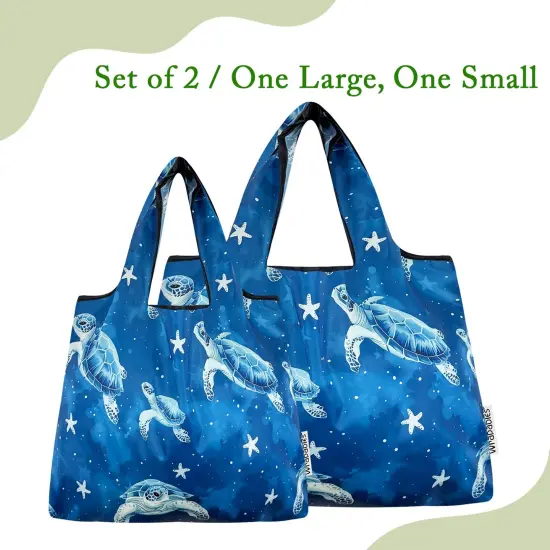 Wrapables Large & Small Foldable Tote Nylon Reusable Grocery Bags, Set of 2, Astro Turtles {6}