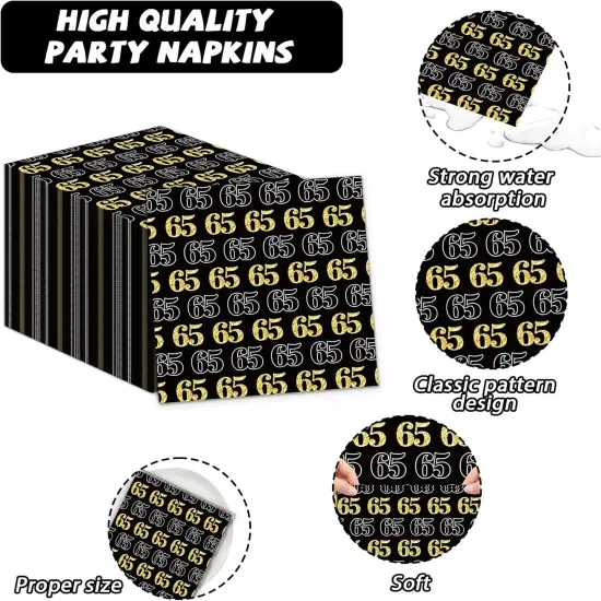 200Pcs 65th Birthday Party Supplies Happy 65th Birthday Gold Black Tableware Dinnerware Set 65 Years Old Plates and Napkins {3}