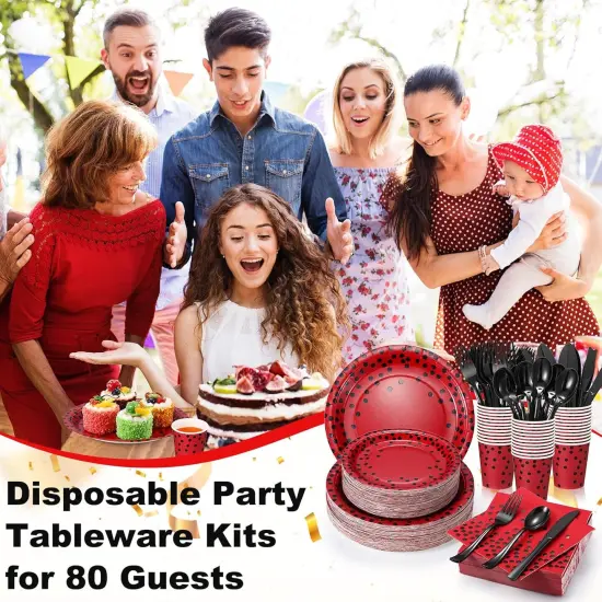 560 Pcs Red and Black Party Supplies for 80 Guests Disposable Tableware Set Red and Black Paper Plates Napkins Cups Black Plastic Forks Knives Spoons for Graduation Birthday Ladybug Party {5}