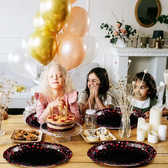 50 Pcs Large Red Dot on Black Party Plates - 10"x12" Disposable, Heavy Duty, 400 GSM, Perfect for Black & Red Birthday Decorations {4}