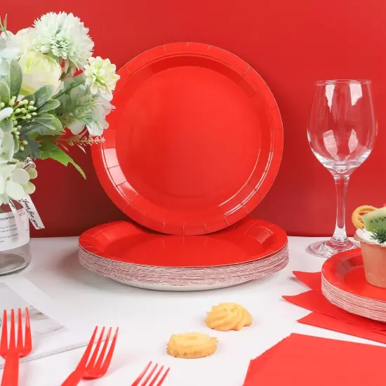 100 Count Red Paper Plates and Napkins Red Party Tableware Set Red Disposable Plates Napkins and Forks for Wedding Birthday Party Bridal Shower Baby Shower, Serve 25 {5}