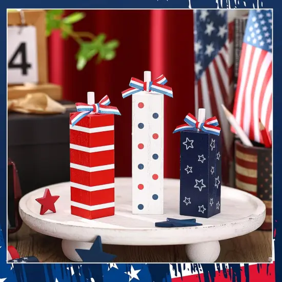 3 Pcs Patriotic Wooden Block Sign Memorial Day Decorations 4th of July Table Decor Red White Blue Tabletop Centerpieces Independence Day Tiered Tray Decor for Home Shelf(Rustic Style) {2}