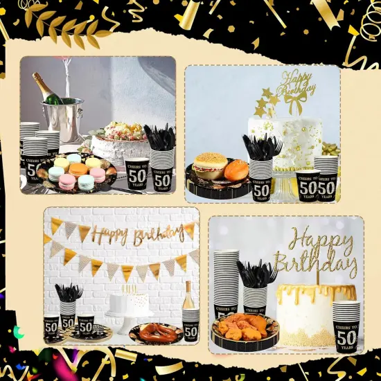 240 Pcs 50th Birthday Party Tableware Sets Include Plates Napkins 9oz Cups Cutlery Anniversary Dinnerware Party Supplies for Men Women Him Her, Serve 30 Guests (Black Gold) {3}