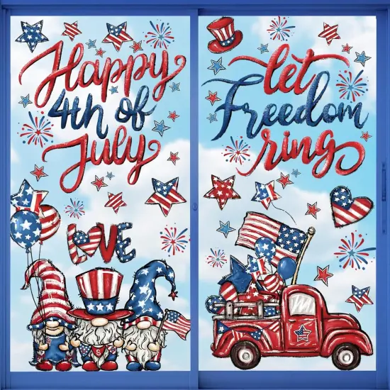 6 Sheets Patriotic Window Clings Happy 4th of July Window Stickers Gnome Truck Stars Firework USA Window Decals Independence Day Window Decor for Home School Office Party Glass Supplies {1}