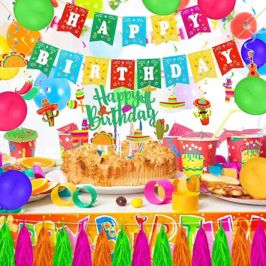 Mexican Theme Birthday Party Decorations Set, Fiesta Party Supplies, Pre-Strung Happy Birthday Banner, Cupcake Cake Toppers, Cactus Taco Ceiling Hanging Swirls, Mexican Cinco De Mayo Party Supplies {4}