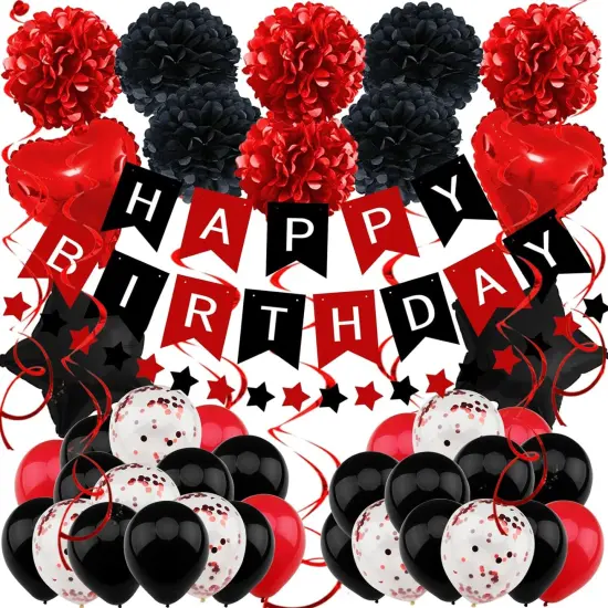 Birthday Decorations - Black & Red Party Decorations with Happy Birthday Banner, Pompoms, Balloons for Boys, Girls, Men & Women {1}