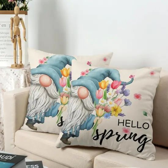 Hello Spring Pillow Covers 18x18 Set of 2 Gnome with Floral Throw Pillow Covers Colorful Flowers Decorative Pillow Case Cotton Blend Cushion Case for Living Room Couch Sofa {4}
