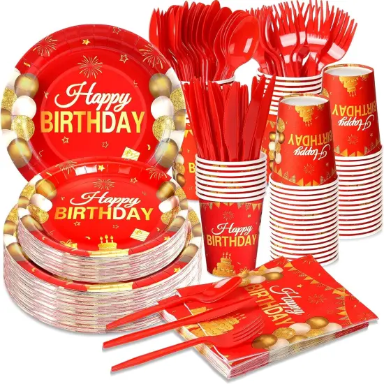168 Pcs Red and Gold Party Supplies Tableware Set Happy Birthday Plates, Knife,Forks,Spoons, Cups and Napkins Table Decorations {1}