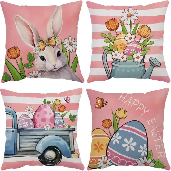 Easter Throw Pillow Covers 18x18 Set of 4 Soft Velvet Spring Easter Pillow Covers Pink Easter Bunny Egg Flower Truck Cushion Covers Pillow Cases for Home Outdoor Sofa Couch Decoration {1}