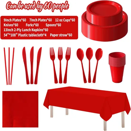 Disposable Plastic Tableware Set-484PCS Plastic Plates Set Includes 60 Of Each Dinner ＆ Dessert Plates, Cups, traws, Spoons, Forks & Knives for Party (Red, 484PCS（60 Guests）) {2}